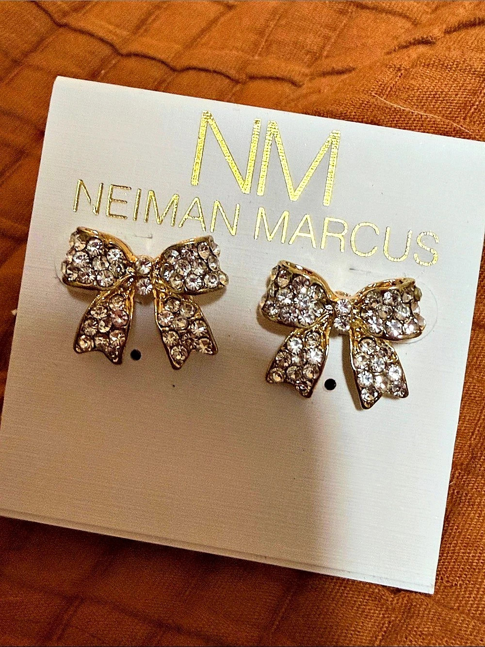 Neiman Marcus Crystal Bow Earrings in Gold NWT